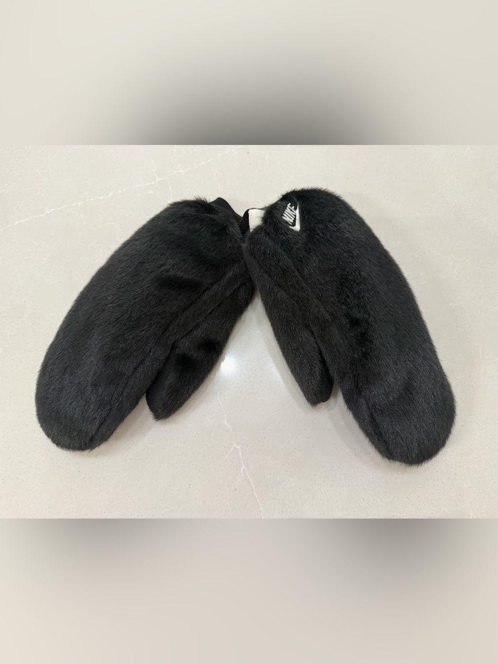 Nike Faux Fur Mittens Black Cream Logo Winter Gloves XS/S NWT